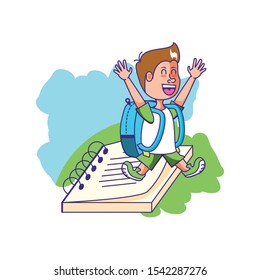 cute little student boy with notebook school vector illustration design