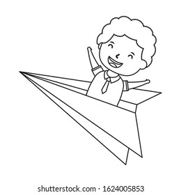 cute little student boy in paper airplane vector illustration design