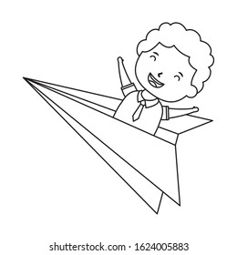 cute little student boy in paper airplane vector illustration design