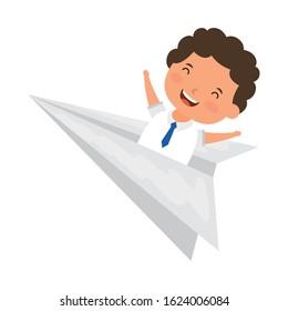 cute little student boy in paper airplane vector illustration design