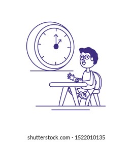 cute little student boy in school desk with clock vector illustration design