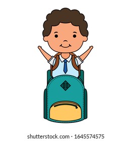 cute little student boy with schoolbag character vector illustration design