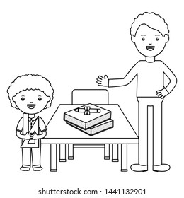cute little student boy in schooldesk with teacher