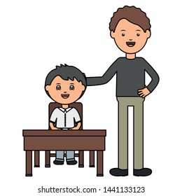 cute little student boy seated in schooldesk with teacher