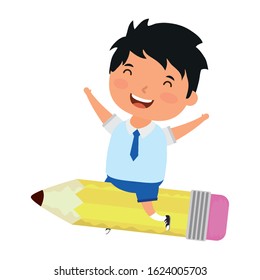 cute little student boy with seated in pencil vector illustration design
