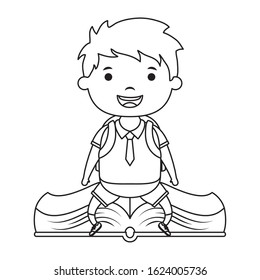 cute little student boy seated in book character vector illustration design