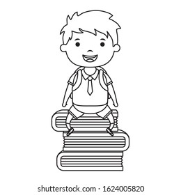 cute little student boy seated in books character vector illustration design
