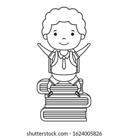 cute little student boy seated in books character vector illustration design