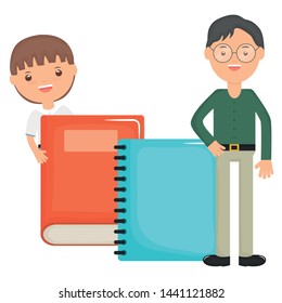 cute little student boy with teacher and notebook