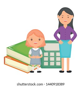 cute little student girl with female teacher and calculator