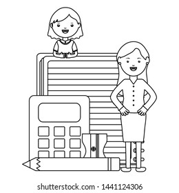 cute little student girl with female teacher and calculator