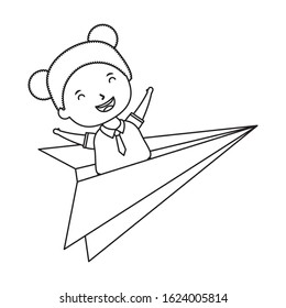 cute little student girl with paper airplane vector illustration design