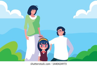cute little student girl with parents in landscape