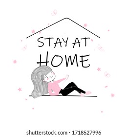 Cute little Student girl play Listen to music a in Stay at home and be safe sign. pink and with cartoon style. t-shirt print, back to school, vector design