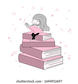 Cute little Student girl read a book in pink and with on a book cartoon style. t-shirt print, back to school, wall art poster vector design