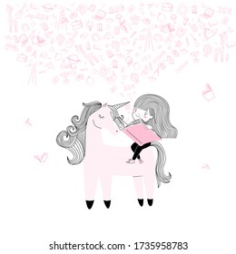 Cute little Student girl read a book in pink and with on a unicorn horse cartoon style. t-shirt print, back to school, wall art poster vector design