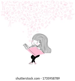 Cute little Student girl read a book icon back to school background design vector.