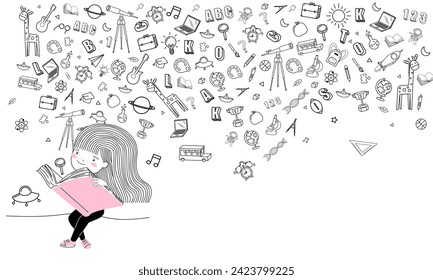 Cute little Student girl read a book icon back to school background design vector.