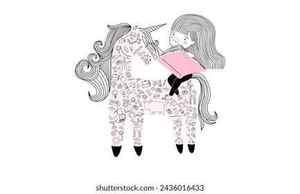 Cute little Student girl read a book and icon back to school in pink and with on a unicorn horse cartoon style., wall art poster vector design