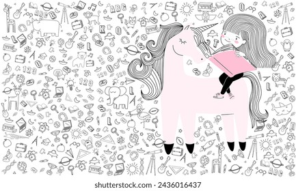 Cute little Student girl read a book and icon back to school in pink and with on a unicorn horse cartoon style., wall art poster vector design