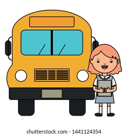 cute little student girl with school bus