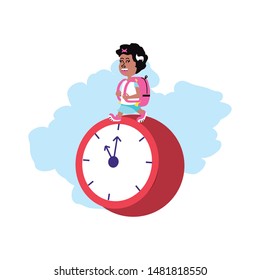 cute little student girl with school bag and clock
