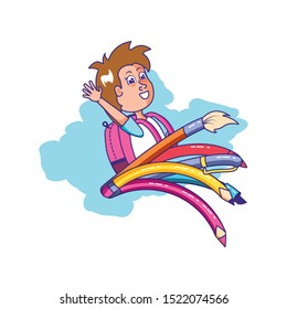 cute little student girl with school bag and set of pencils vector illustration design