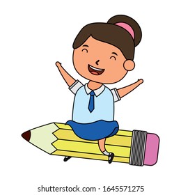 cute little student girl seated in pencil character vector illustration design
