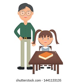 cute little student girl with teacher in schooldesk