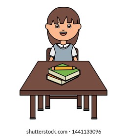 cute little student girl with textbooks in schooldesk