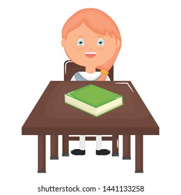 cute little student girl with textbooks in schooldesk