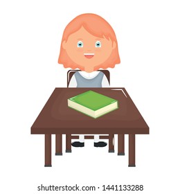 cute little student girl with textbooks in schooldesk
