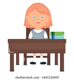 cute little student girl with textbooks in schooldesk