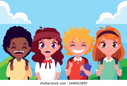 cute little student group avatar character