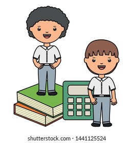 cute little students boys with books and calculator