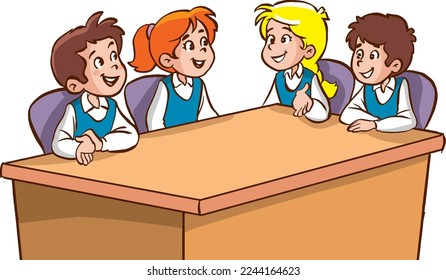 cute little students chatting at the table.students doing group work cartoon vector