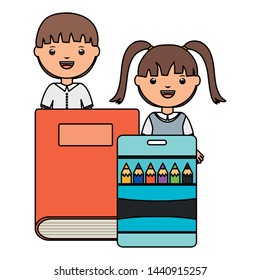 cute little students couple with book and colors pencils