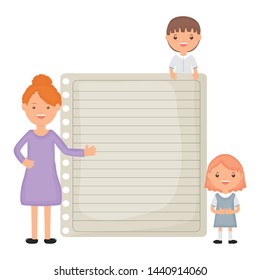 cute little students couple with female teacher and sheet