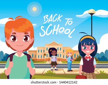 cute little students in front of facade school