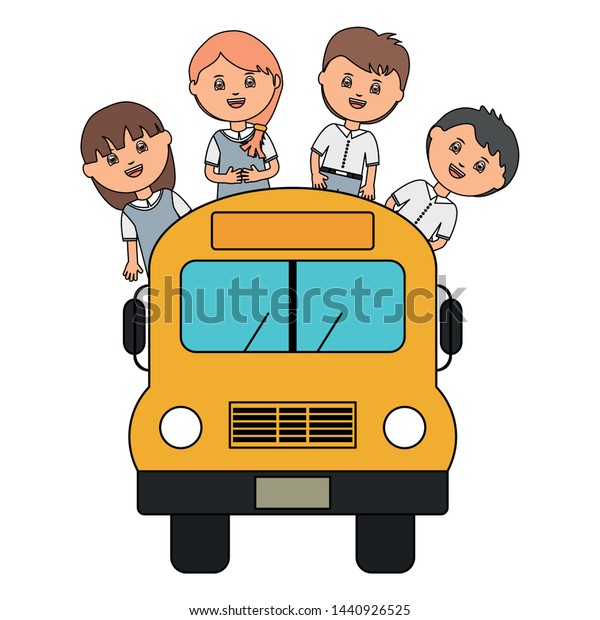 cute little students group\
with bus