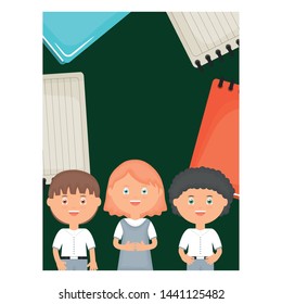 cute little students group with notebook and sheets