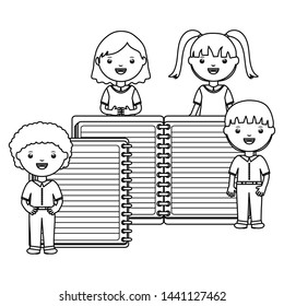 cute little students group with notebook and sheets