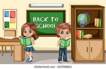 Cute Little Students in School Clothes Standing in the Classroom Next to Blackboard. Cartoon Vector Illustration of Kids Reading and Writing with a Chalk. Back to School Concept