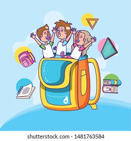 cute little students in schoolbag with set icons