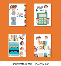 cute little students in sheets notebook and supplies