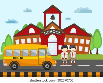 Cute little students standing outside of school building with bus on nature background.