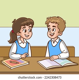 cute little students talking in class cartoon vector illustration