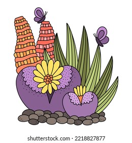 Cute little succulents growing in the soil. Different desert plants with blooming flowers and butterflies. Home garden botanical elements. Cartoon vector illustration. Isolated on white