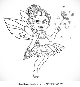 Cute little summer fairy girl with a Magic wand outline isolated on a white background