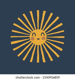 Cute little sun cartoon character with kawaii face. Scandinavian style childish sunny illustration on navy blue background. Cute solar vector clip art. Nursery poster print design idea.